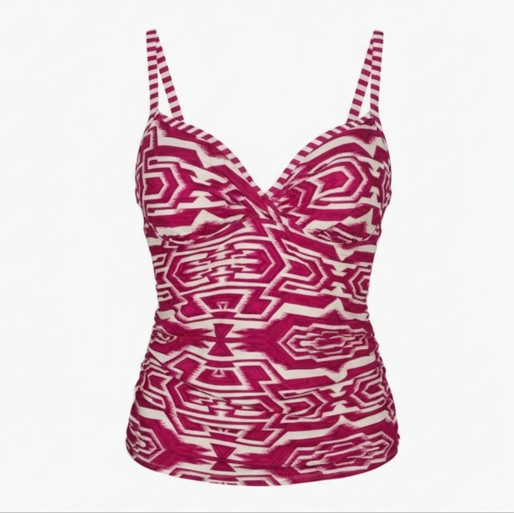 Skye Swimwear Ruched Tankini Top Pink White Geometric Print XL